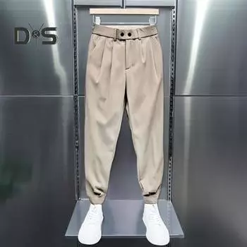 Весна Осень Мужские Брюки Ninth с эластичной резинкой на щиколотке Тонкие Свободные Боковые Карманы Однотонные Шаровары Костюмные Брюки Длинные Брюки 33 кофейный