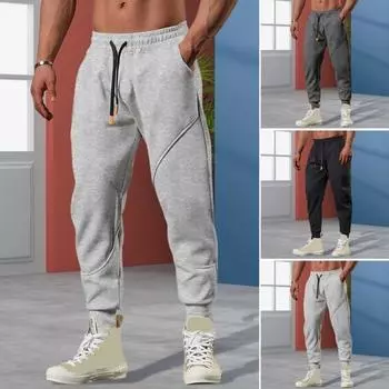 Весна Осень Мужские Брюки Свободные Эластичные Затягивающиеся Шнурок Карманы С Лентой На Щиколотке Однотонные Лоскутные Спортивные Брюки Повседневная Одежда Шаровары S светло-серый