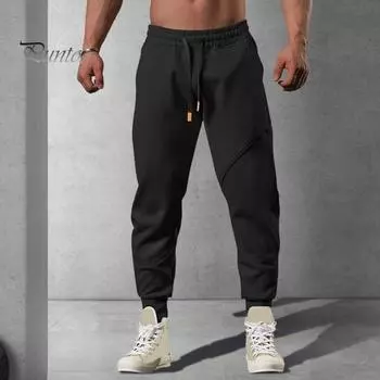 Весна Осень Мужские Брюки Свободные Эластичные Затягивающиеся Шнурок Карманы С Лентой На Щиколотке Однотонные Лоскутные Спортивные Брюки Повседневная Одежда Шаровары S чёрный