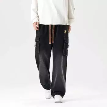 Весна Осень Мужские Джинсы Карго Широкие Джинсовые Брюки С Завязками Прямые Мешковатые Джинсовые Брюки 8XL чёрный