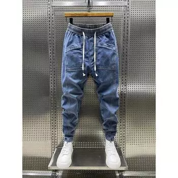 Весна Осень Мужские Джинсы Карманы На Шнуровке Джинсовые Брюки Повседневные Брюки Мужские L синий