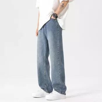 Весна Осень Мужские джинсы Прямые джинсовые брюки с поясом на талии Хлопок Уличная одежда Широкие штанины Свободные повседневные длинные джинсы Брюки S