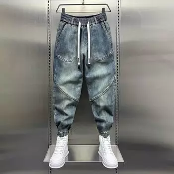Весна Осень Мужские Джинсы Свободные Шаровары Эластичные Манжеты На Талии Повседневная Одежда Мужчины XS синий
