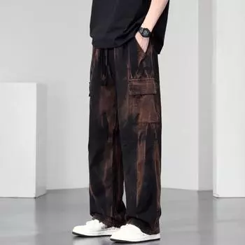 Весна Осень Мужские Камуфляжные Прямые Брюки Карго Уличная Одежда Полуширокие Свободные Спортивные Брюки Повседневные Рабочие Брюки XS чёрный