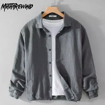 Весна/осень Мужские куртки Простой стиль Хлопок Льняная куртка на пуговицах Повседневный Повседневный воротник с лацканами Однотонное пальто M зелёный