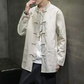 Весна Осень Мужские модели Однотонный пуговиц Параграф Тан Костюм Плюс Размер Рубашка Китайский Ретро Рассыпной Чай Костюм Чжуншань Блузка 5XL