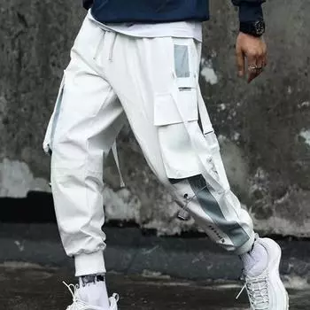 Весна Осень Мужские Персонализированные Ремни Свободные Уличные Хип-Хоп Спортивные Штаны Брюки Карго M белый
