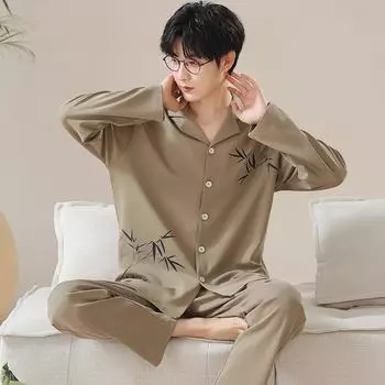 Весна Осень Мужские Пижамные Комплекты Хлопок Графический Принт Пижама Отложной Воротник Пижамы Длинные Рукава Ночная Рубашка Мужской Комплект Из 2 Предметов Домашняя Одежда L