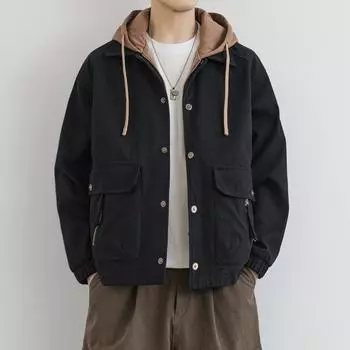 Весна Осень Мужские Повседневные Куртки Мужские Однотонные Свободные Пальто Мужские Поддельные Две Части Куртка С Капюшоном Мужские Хлопковые Верхние Одежды XL абрикосовый