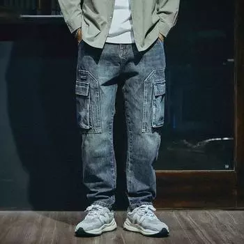 Весна Осень Мужские Прямые Брюки Мужские Свободные Зауженные Джинсы Ретро Джинсовые Брюки XXXL синий