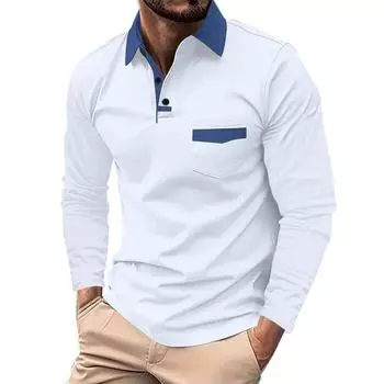 Весна Осень Мужские Рубашки Поло Модные Лоскутные Длинные Рукава Поло XXXL белый