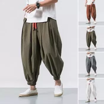 Весна Осень Мужские шаровары Шаровары Свободные завязывающиеся на шнурок эластичные карманы Глубокий шаговый шов с резинкой на щиколотке Однотонные спортивные брюки Повседневная одежда Спортивные брюки M серый