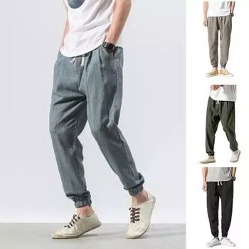 Весна Осень Мужские шаровары Шаровары Свободные завязывающиеся на шнурок эластичные карманы Глубокий шаговый шов с резинкой на щиколотке Однотонные спортивные брюки Повседневная одежда Спортивные брюки M