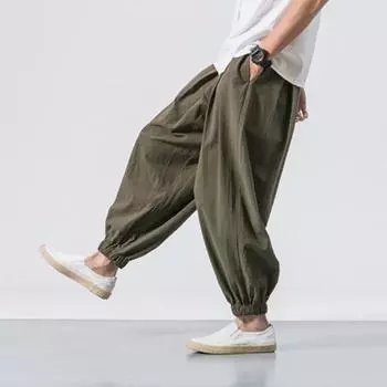 Весна Осень Мужские шаровары Шаровары Свободные завязывающиеся на шнурок эластичные карманы Глубокий шаговый шов с резинкой на щиколотке Однотонные спортивные брюки Повседневная одежда Спортивные брюки M армия зеленый