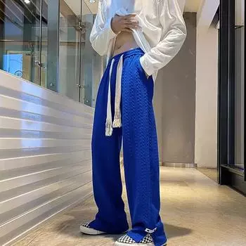 Весна Осень Мужские Спортивные Штаны High Street Свободные Повседневные Брюки Прямого Покроя С Разрезом По Боковым Стилистикой Винтажные Жаккардовые Повседневные Брюки Мужская Одежда XXXL чёрный