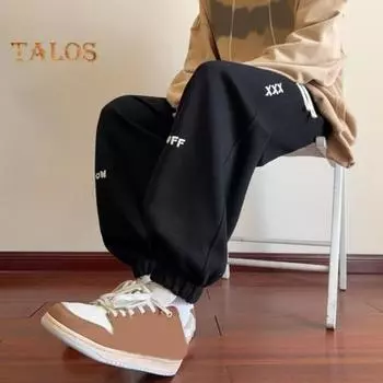 Весна Осень Мужские Спортивные Штаны Свободные Эластичные Брюки с Завязками На Талии Карманы С Вышитыми Буквами На Щиколотках Спортивные Штаны Повседневная Одежда M чёрный