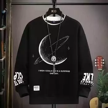 Весна Осень Мужские Толстовки Мультфильм Длинные Рукава Внутренний Топ Свободный и Универсальный 5XL чёрный