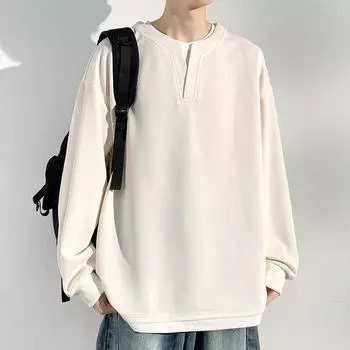 Весна Осень Мужские Толстовки С Воротником Генри Модные Поддельные Двухсекционные Однотонные Толстовки С Длинным Рукавом Мужские Свободные Повседневные Толстовки 3XL абрикосовый