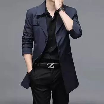 Весна Осень Мужские Тренчи Длинные Пальто Мужская Повседневная Верхняя Одежда Куртки Ветровки Мужская Одежда Наряды для Пап Верхняя Одежда для Людей Среднего Возраста XL чёрный