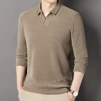 Весна Осень Мужские трикотажные элегантные повседневные рубашки поло Однотонные Длинные рукава Отложной воротник Модные поло Мужские трикотажные футболки Топы 3XL бежевый