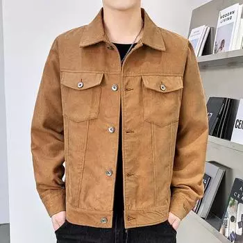 Весна Осень Мужские Вельветовые Куртки Модные Корейский Стиль Однотонные Отложной Воротник Повседневная Верхняя Одежда Пальто Мужские Куртки Карго M темно-коричневого
