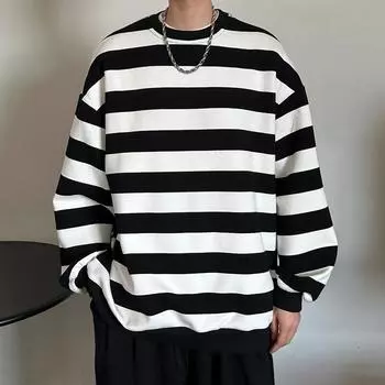 Весна Осень Мужские Высококачественные Толстовки Модные Полосатые Свободные Толстовки Мужские O-образные Вырезы Повседневные Спортивные Толстовки Уличные Топы L черный белый