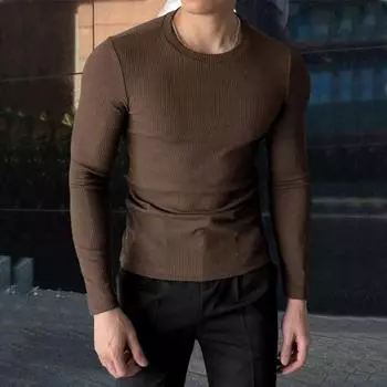 Весна Осень Мужской Фитнес Топ Облегающий Круглый Вырез Эластичный Длинные Рукава Однотонный Пуловер Фитнес Спортивный Топ Зимняя Нижняя Одежда M кофейный