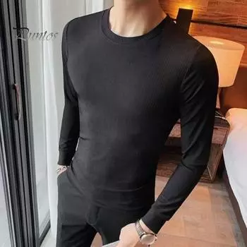 Весна Осень Мужской Фитнес Топ Облегающий Круглый Вырез Эластичный Длинные Рукава Однотонный Пуловер Фитнес Спортивный Топ Зимняя Нижняя Одежда M синий