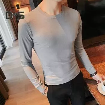 Весна Осень Мужской Фитнес Топ Облегающий Круглый Вырез Эластичный Длинные Рукава Однотонный Пуловер Фитнес Спортивный Топ Зимняя Нижняя Одежда M синий