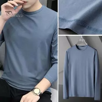 Весна Осень Мужской Фитнес Топ Облегающий Круглый Вырез Эластичный Длинные Рукава Однотонный Пуловер Фитнес Спортивный Топ Зимняя Нижняя Одежда L темно-синий