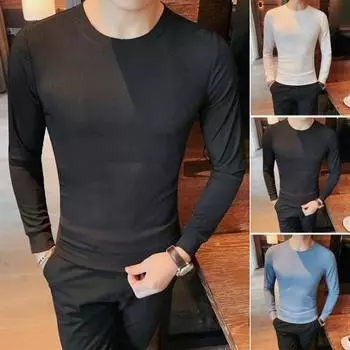 Весна Осень Мужской Фитнес Топ Slim Fit Круглый Вырез Эластичный Длинные Рукава M белый