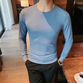 Весна Осень Мужской Фитнес Топ Slim Fit Круглый Вырез Эластичный Длинные Рукава L белый