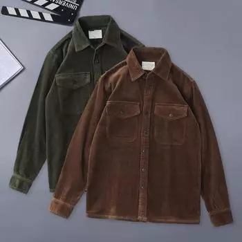 Весна Осень Мужской Карго Клетчатый Принт Однобортный Длинные Рукава Вельвет Ретро Японский Стиль M коричневый