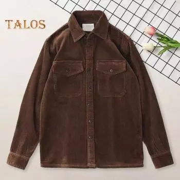 Весна-осень мужской карго клетчатый принт однобортный с длинными рукавами вельветовый ретро японский стиль с нагрудными карманами свободный кардиган средней длины M чёрный