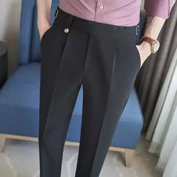 Весна Осень Мужской Костюм С Высокой Талией Брюки Повседневные Эластичные Облегающие Официальные Платья Белые Брюки Свадебная Вечеринка Мужская Одежда 28 хаки