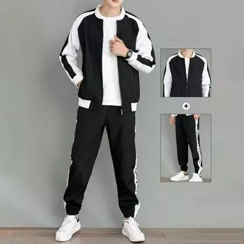 Весна Осень Мужской Однотонный Комплект Куртка+Брюки Спортивный Костюм Мужские Комплекты Повседневный Спортивный Костюм На Молнии Уличная Одежда Хип-Хоп XXXXL чёрный
