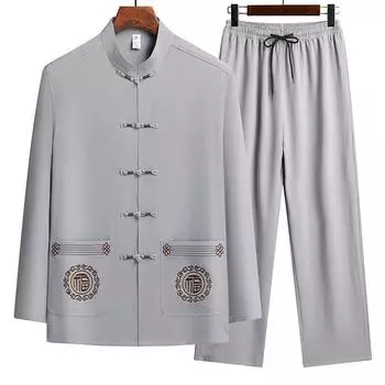 Весна Осень Мужской Принт Китайский Стиль Длинные Рукава Рубашки Брюки Спортивная Одежда Лето Мужские Повседневные Комплекты Рубашки + Брюки XXXXL зелёный