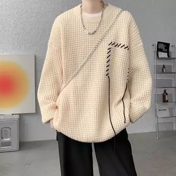 Весна Осень Мужской свитер Модный однотонный круглый вырез свободный вязаный пуловер повседневный вязаный свитер L чёрный