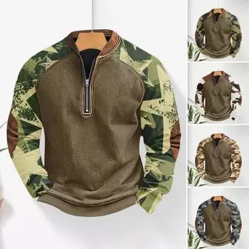 Весна Осень Мужской Топ 3D Цифровая Печать Половина Молния V-образный Вырез Цвет Соответствия Средний S