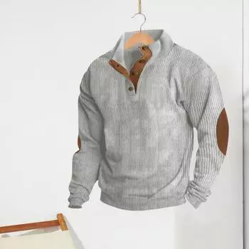 Весна Осень Мужской Топ Цветные Блоки Лоскутная Ретро Стиль Полуоткрытый Воротник-стойка Толстовка Плюс Размер Свободный Длинные Рукава Топ Повседневная Офисная Одежда XXL светло-серый