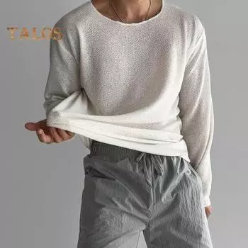 Весна Осень Мужской Топ Круглый вырез Длинные рукава Тонкий Ажурный Однотонный Свободный Пуловер Средней Длины Хип-Хоп Уличная Толстовка XL чёрный