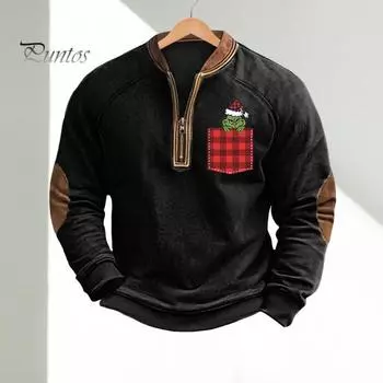 Весна Осень Мужской Топ На Молнии Полуоткрытый V-образный Вырез 3D Мультяшный Принт Лоскутные Рукава Плюс Размер Пуловер Свободный Спортивный Досуг Праздник Свитшот S темно-синий