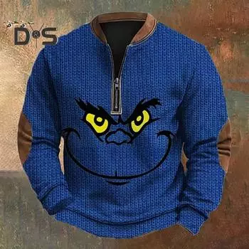 Весна Осень Мужской Топ На Молнии Полуоткрытый V-образный Вырез 3D Мультяшный Принт Лоскутные Рукава Плюс Размер Пуловер Свободный Спортивный Досуг Праздник Свитшот S темно-зеленого