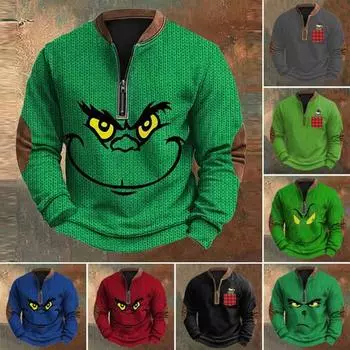 Весна Осень Мужской Топ На Молнии Полуоткрытый V-образный Вырез 3D Мультяшный Принт Лоскутные Рукава Плюс Размер S темно-синий