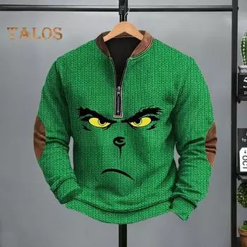 Весна Осень Мужской Топ На Молнии Полуоткрытый V-образный Вырез 3D Мультяшный Принт Лоскутные Рукава Плюс Размер Пуловер Свободный Спортивный Досуг Праздник Свитшот S темно-синий