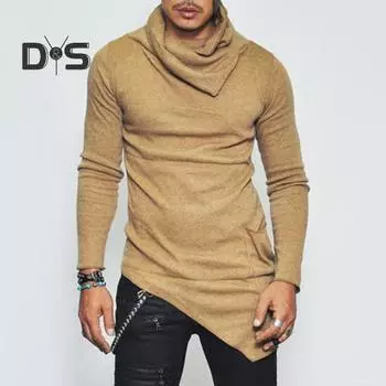 Весна Осень Мужской Топ Неровный Подол Средней Длины Наборный Воротник Slim Fit Эластичный Свитшот Длинные Рукава Пуловер Уличный Стиль Тонкий Топ M хаки