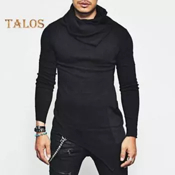 Весна Осень Мужской Топ Неровный Подол Средней Длины Наборный Воротник Slim Fit Эластичный Свитшот Длинные Рукава Пуловер Уличный Стиль Тонкий Топ M серый