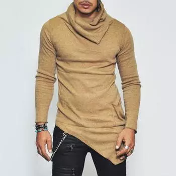 Весна Осень Мужской Топ Неровный Подол Средней Длины Наборный Воротник Slim Fit Эластичный Свитшот Длинные Рукава Пуловер Уличный Стиль Тонкий Топ M серый