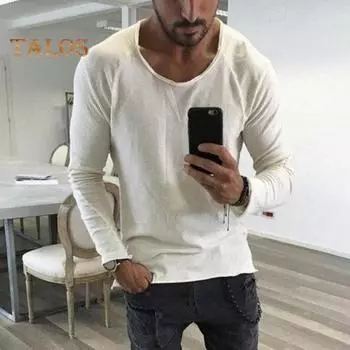 Весна Осень Мужской Топ Приталенный Покрой Рваный Край О-Образный Вырез Однотонный Длинный Рукав Пуловер Средней Длины Повседневная Одежда В Ретро Стиле Повседневная Футболка XXL белый