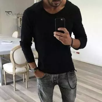 Весна Осень Мужской Топ Приталенный Покрой Рваный Край О-Образный Вырез Однотонный Длинный Рукав Пуловер Средней Длины Повседневная Одежда В Ретро Стиле Повседневная Футболка XXL белый